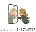スマートフォンに映る自分と手を合わせて向き合う女子生徒-ガッシュ スマートフォンに映る自分と手を合わせて向き合う女子生徒-ガッシュ 143714737