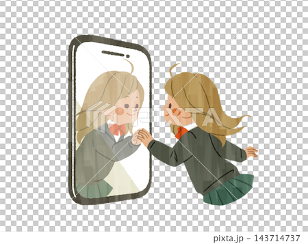 A female student faces her reflection on her smartphone, clasping her hands together - Gash 143714737