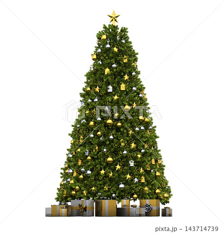 Christmas tree with decorations, isolate on a transparent background, 3d illustration, cg render Christmas tree with decorations, isolate on a transparent background, 3d illustration, cg render 143714739