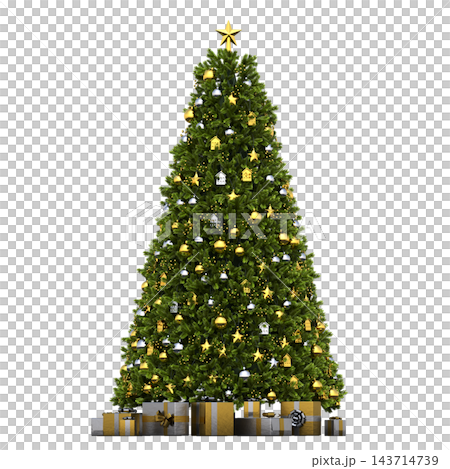 Christmas tree with decorations, isolate on a transparent background, 3d illustration, cg render Christmas tree with decorations, isolate on a transparent background, 3d illustration, cg render 143714739