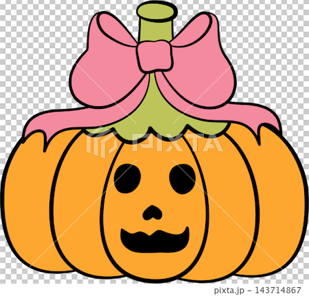 Cute carved pastel orange jack-o-lantern pumpkin with pink bow, Halloween element 143714867