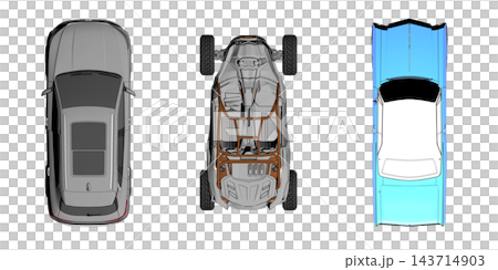 car set, isolated on transparent background, 3d illustration, cg render, top view car set, isolated on transparent background, 3d illustration, cg render, top view 143714903