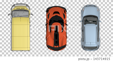 car set, isolated on transparent background, 3d illustration, cg render, top view car set, isolated on transparent background, 3d illustration, cg render, top view 143714915