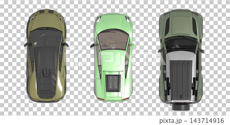 car set, isolated on transparent background, 3d illustration, cg render, top view car set, isolated on transparent background, 3d illustration, cg render, top view 143714916