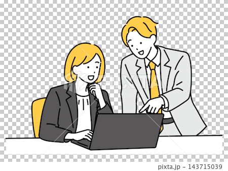 圖中描繪了一名男性和一名女性辦公室職員正在開會。 圖中描繪了一名男性和一名女性辦公室職員正在開會。 143715039