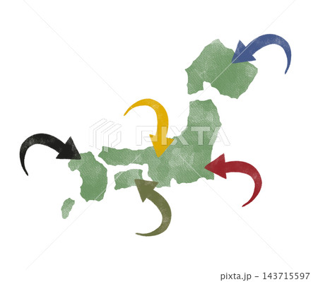 手描き日本地図と各地に入る矢印イラスト 手描き日本地図と各地に入る矢印イラスト 143715597