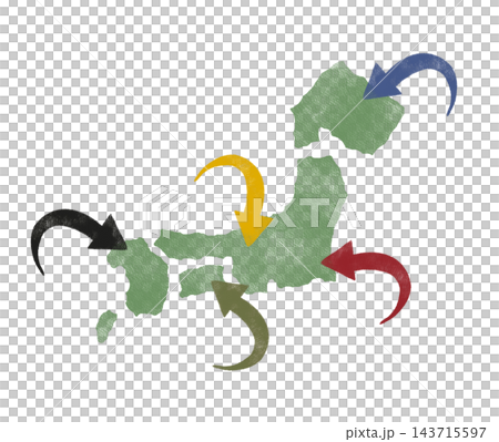 手描き日本地図と各地に入る矢印イラスト 手描き日本地図と各地に入る矢印イラスト 143715597