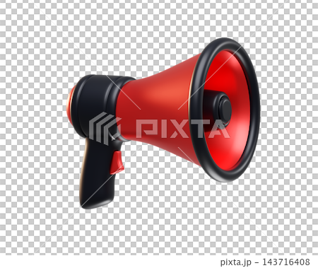 Bright red Megaphone with a black handle isolated on background. Sale icon for announcements, events, promotions, Black Friday. Bright red Megaphone with a black handle isolated on background. Sale icon for announcements, events, promotions, Black Friday. 143716408