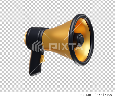 Gold and black Megaphone with a black handle isolated on background. Sale icon for announcements, events, promotions, Black Friday. Gold and black Megaphone with a black handle isolated on background. Sale icon for announcements, events, promotions, Black Friday. 143716409