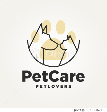 minimalist dog and cat with paw line art icon logo vector illustration design. simple modern pet lovers and pet care logo concept 143716719