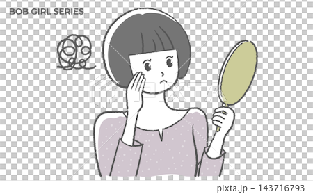 向量圖,描繪了一位留著波波頭、表情擔憂的女子正在照鏡子。 向量圖,描繪了一位留著波波頭、表情擔憂的女子正在照鏡子。 143716793