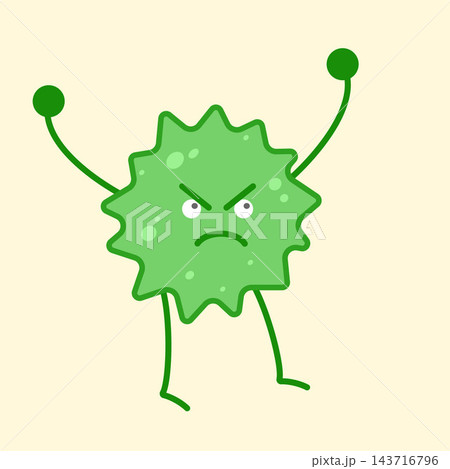 Cute angry green virus cell bacteria character raising hands vector illustration isolated on background for microbiology education pediatric health di Cute angry green virus cell bacteria character raising hands vector illustration isolated on background for microbiology education pediatric health di 143716796
