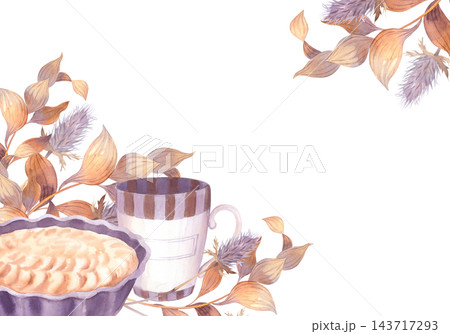 Watercolor composition of tart and striped mug surrounded by dried leaves and thistle in soft mauve and beige palette corner frame Watercolor composition of tart and striped mug surrounded by dried leaves and thistle in soft mauve and beige palette corner frame 143717293