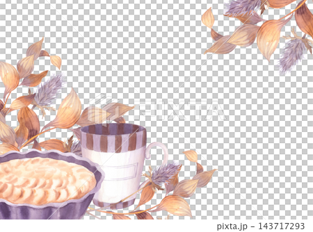 Watercolor composition of tart and striped mug surrounded by dried leaves and thistle in soft mauve and beige palette corner frame Watercolor composition of tart and striped mug surrounded by dried leaves and thistle in soft mauve and beige palette corner frame 143717293