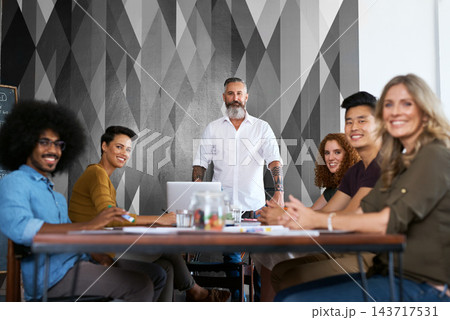 Creative, people and portrait in office with happiness or meeting, campaign ideas and project planning. Team, designer and brainstorming for inspiration or workshop, collaboration and diversity 143717531
