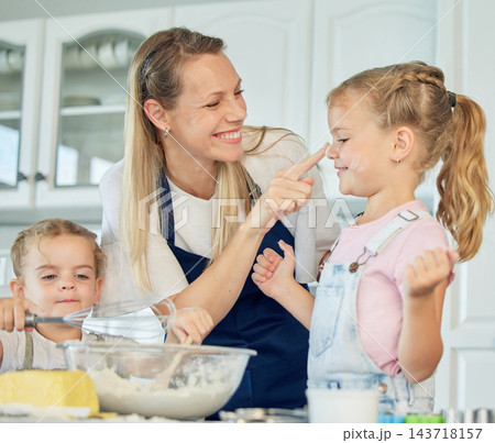 Mother, play or happy family baking with children in kitchen for development to prepare cookies in home. Nose, mom and playful kids learning recipe for bonding, cooking or dessert with love. 143718157