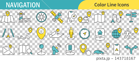 A set of line art icons for navigation with a two-tone color scheme. 143718167