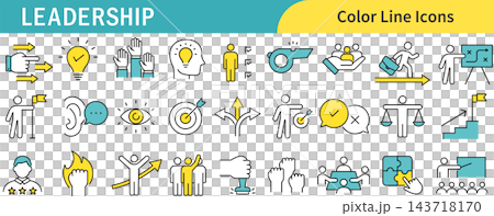 A set of line art icons related to leadership in two-tone color schemes. A set of line art icons related to leadership in two-tone color schemes. 143718170
