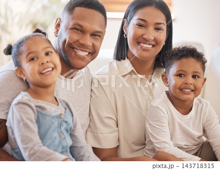 Family, happy and portrait in living room for love, smile and connection or security in home for bonding. Parents, children and relax on couch for happiness, embrace or together for support with kids Family, happy and portrait in living room for love, smile and connection or security in home for bonding. Parents, children and relax on couch for happiness, embrace or together for support with kids 143718315