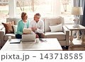 Documents, laptop and old couple with financial budget, insurance and investment in home. Retirement, marriage and senior man and woman on computer for finance planning, online banking and savings 143718585