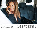 Phone call, business woman and mobile in vehicle for commute, schedule meeting, communication in backseat. Service, transportation and female employee for conversation, discussion or travel in taxi 143718591