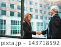 Woman, man and success or shaking hands for welcome, thank you for meeting in office. Partnership, handshake and trust with business greeting for b2b or teamwork, collaboration in workplace for deal 143718592