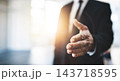 Company, handshake and collaboration for b2b deal, discussion and business with partnership contract. Office, person or employees with teamwork or meeting in workplace for finance or accounting 143718595