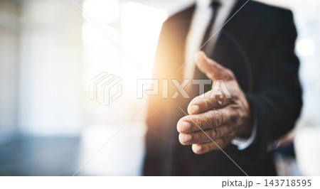 Company, handshake and collaboration for b2b deal, discussion and business with partnership contract. Office, person or employees with teamwork or meeting in workplace for finance or accounting 143718595