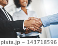 Opportunity, handshake and meeting for b2b deal, discussion and business with company contract. Office, people or employees with teamwork or collaboration in workplace for finance or accounting 143718596