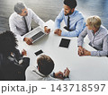 Company, meeting and digital for people, business and research for startup, online and top view of team. Collaboration, laptop and internet for news in boardroom, budget analyst and app for planning 143718597