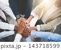 Group, business people and hands in stack for team building, collaboration or circle in workplace community. Crowd, above or solidarity at company office for staff commitment, together for support 143718599