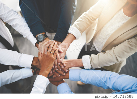 Group, business people and hands in stack for team building, collaboration or circle in workplace community. Crowd, above or solidarity at company office for staff commitment, together for support 143718599