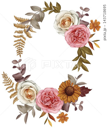 Hand drawn wreath with autumn flowers and leaves. Watercolor illustration. Hand drawn wreath with autumn flowers and leaves. Watercolor illustration. 143718695