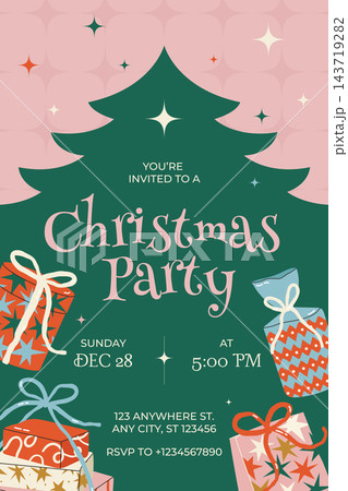 Christmas party invitation card vector template with holiday tree and wrapped gift boxes 143719282