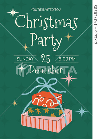Dark green christmas party invitation vector card template with stacked gift boxes 143719285