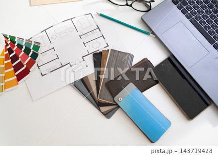 Interior design concept from floor plan: natural materials and warm tones in a design studio 143719428