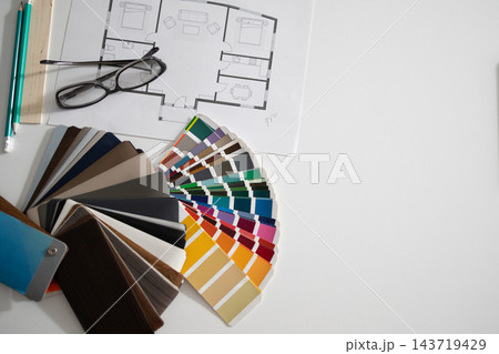 Interior design palette and material swatches for a cohesive concept Interior design palette and material swatches for a cohesive concept 143719429