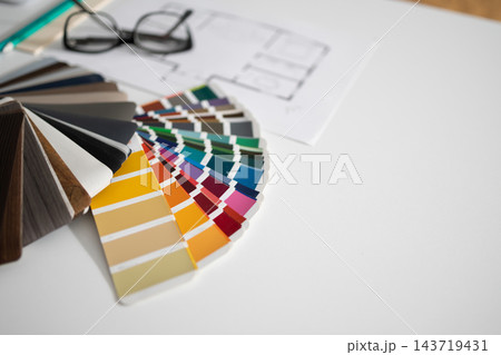 Color swatch fan, floor plan, and finishes for renovation color coordination Color swatch fan, floor plan, and finishes for renovation color coordination 143719431