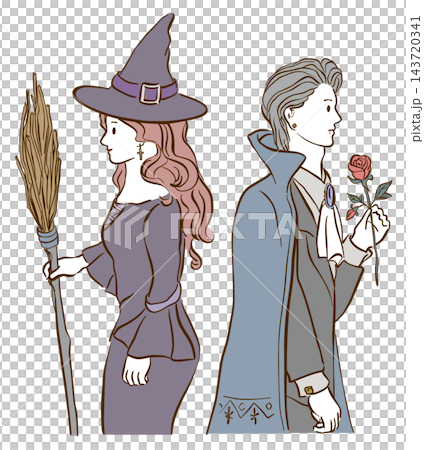 An illustration of a witch holding a broom and Dracula holding a single rose. 143720341
