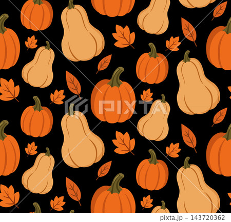 Autumn Pumpkins and Leaves Seamless Pattern on Black Background 143720362