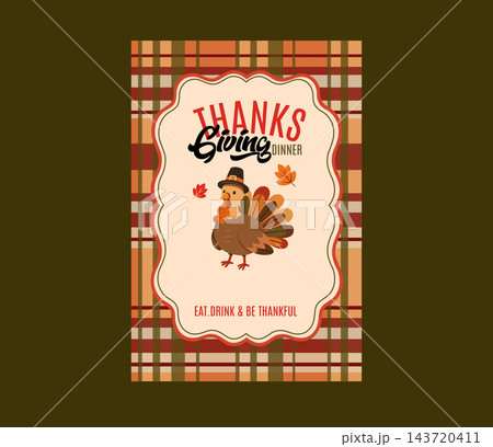 Thanksgiving Dinner Card Template with Cute Turkey Character and Tartan Plaid Pattern Thanksgiving Dinner Card Template with Cute Turkey Character and Tartan Plaid Pattern 143720411