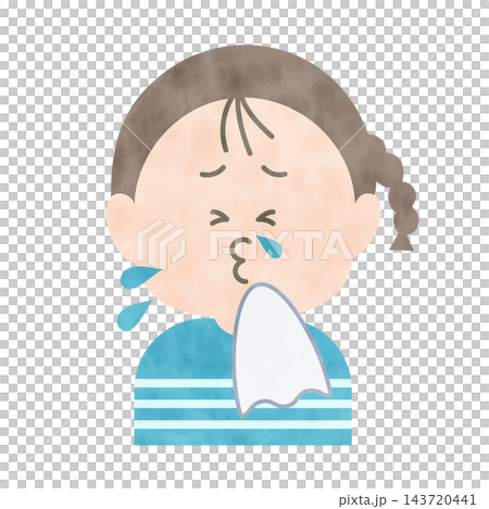 A watercolor-style illustration of a girl sneezing and having a runny nose. 143720441