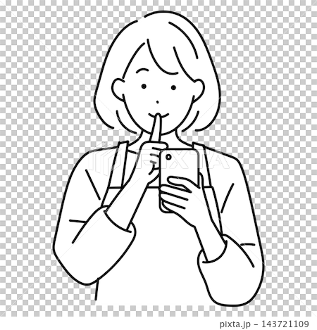 一幅家庭主婦的插圖,她將食指放在嘴唇上。 一幅家庭主婦的插圖,她將食指放在嘴唇上。 143721109