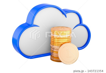 Cloud icon with gold coins. Cloud computing expenses, storage pricing, subscription billing and cloud cost management, concept. 3d rendering 143721354