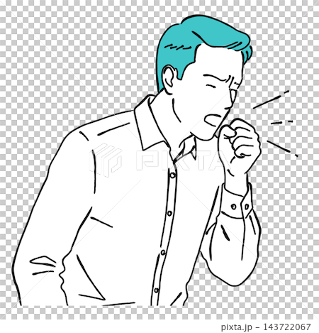 A simple and stylish line drawing illustration of a man who is feeling unwell, coughing and covering his mouth (cold, allergy, virus). A simple and stylish line drawing illustration of a man who is feeling unwell, coughing and covering his mouth (cold, allergy, virus). 143722067