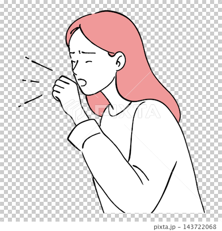 A simple and stylish line drawing illustration of a woman who is feeling unwell, coughing and covering her mouth (cold, allergy, virus). A simple and stylish line drawing illustration of a woman who is feeling unwell, coughing and covering her mouth (cold, allergy, virus). 143722068