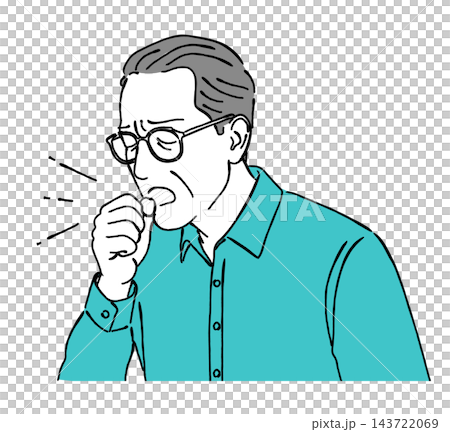 一幅簡單的線條畫插圖,描繪了一位感覺不舒服的老年男子,他咳嗽著摀住嘴(感冒、過敏、病毒)。 一幅簡單的線條畫插圖,描繪了一位感覺不舒服的老年男子,他咳嗽著摀住嘴(感冒、過敏、病毒)。 143722069