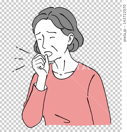 A simple line drawing illustration of a senior woman who is feeling unwell, coughing and covering her mouth (cold, allergy, virus). A simple line drawing illustration of a senior woman who is feeling unwell, coughing and covering her mouth (cold, allergy, virus). 143722070