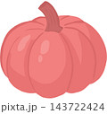 A simple and charming cartoon illustration of a pink pumpkin with a curved brown stem and softly shaded ridges 143722424