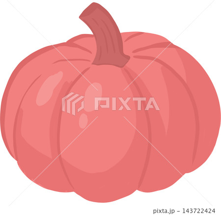 A simple and charming cartoon illustration of a pink pumpkin with a curved brown stem and softly shaded ridges 143722424
